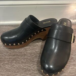 Michael Kors Black Leather Mules with Gold Studs